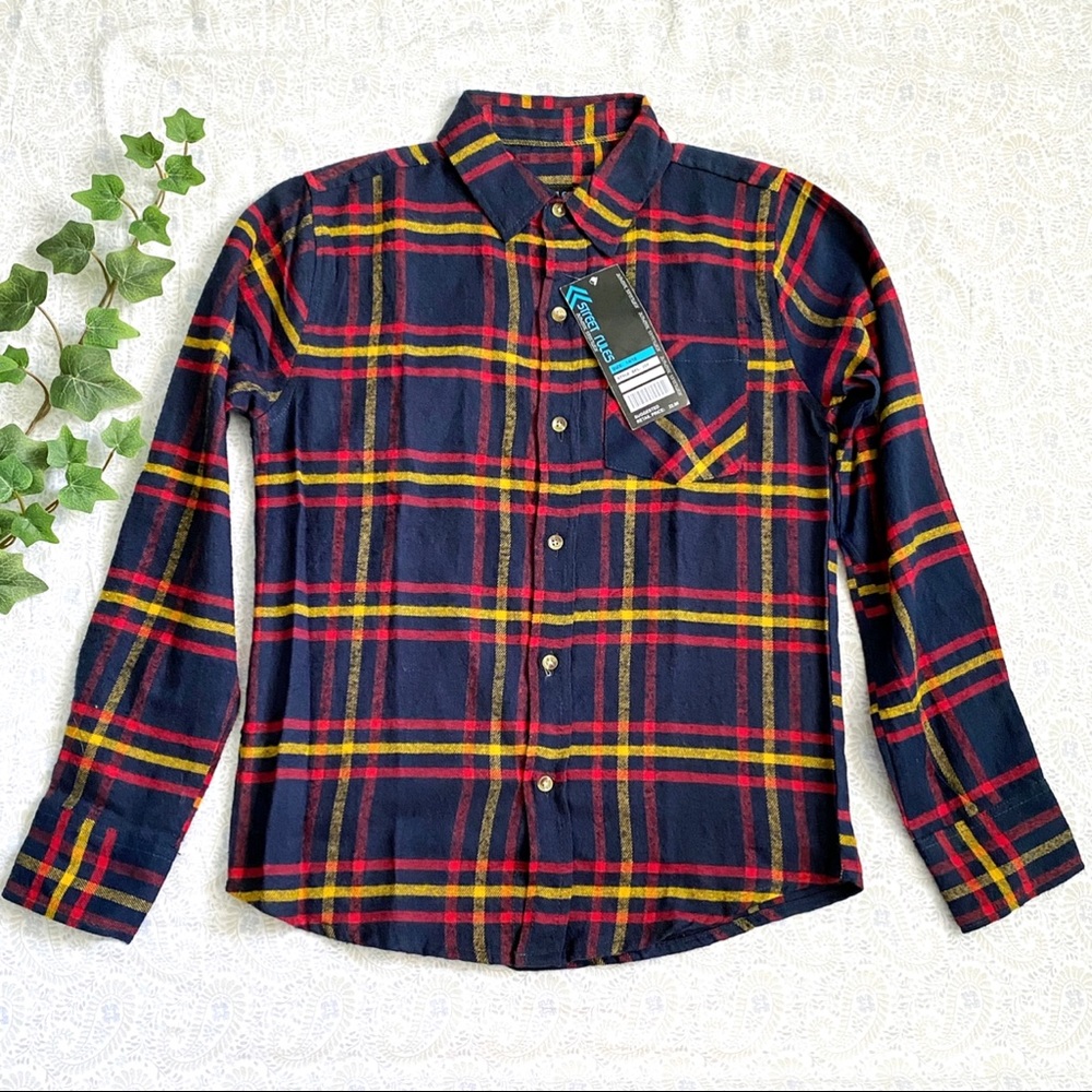 Street Rules flannel plaid long sleeve button down shirt, navy red yellow